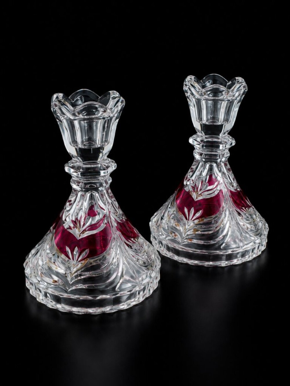 Vintage Anna Hutte Ruby Red 24% Lead Crystal Candlestick Holders Pair